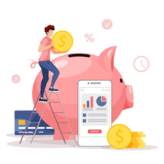 Piggy bank in the form of a piglet, phone and man with coin on the stairs. Money saving or accumulating, Financial services, Mobile app, Internet banking concept. Isolated vector illustration.